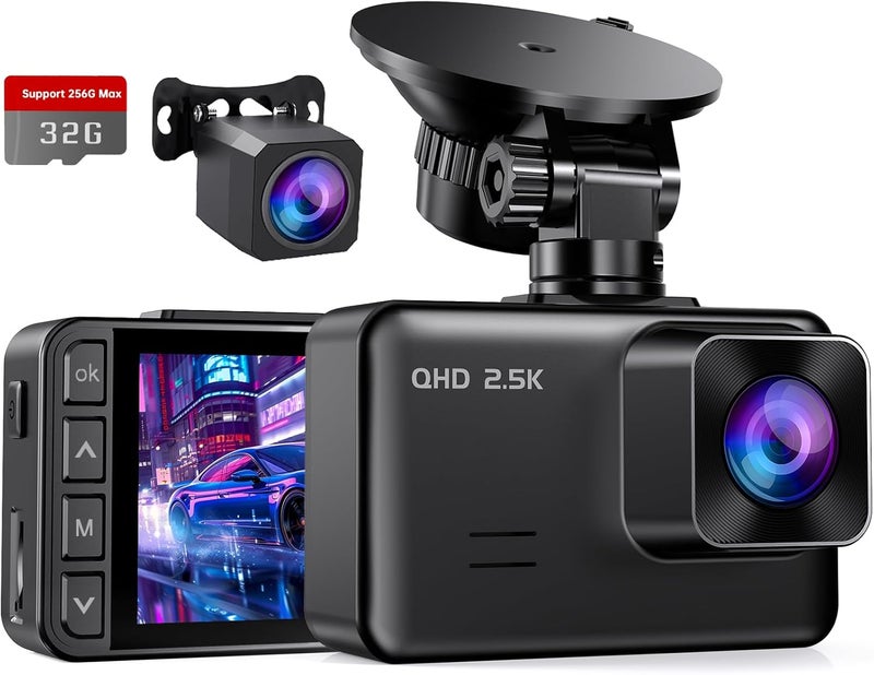 E-YEEGER Dash Cam Front and Rear, 2.5K+1080P Dual Dash Camera for Cars, 2’’ Display Mini Car Camera, G-Sensor Dashcam, Night Vision, 24H Parking Mode, Loop Recording, 170°Wide Angle, 32GB Card Included - Image 1